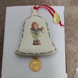 MJ Hummel 2008 Collectors Cream Bell Ornament with Red Ribbon